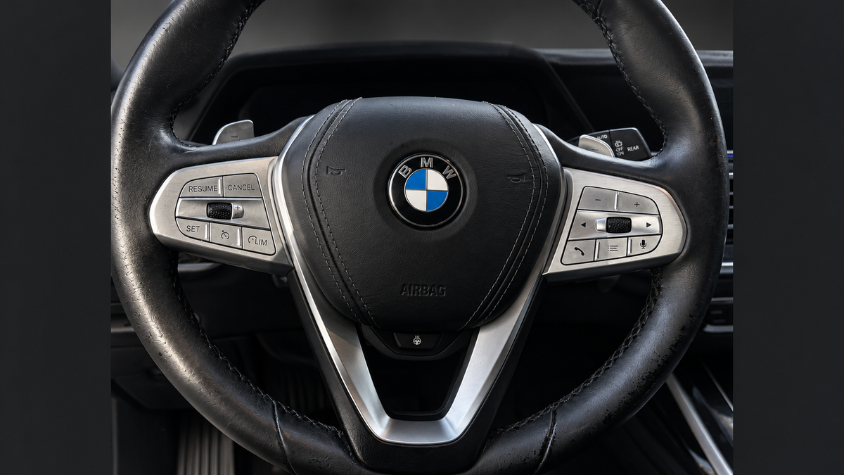 BMW X7 steering wheel and controls, with adjusted lighting.